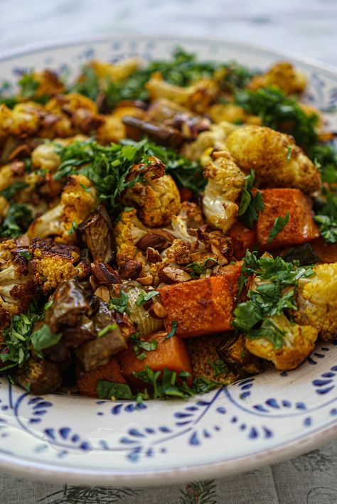 Roasted Eggplant, cauliflower, Zucchini & pumpkin Over Couscous • Shelly’s Humble Kitchen Vegan Couscous Recipes, Cauliflower Zucchini, Roasted Vegetable Couscous, Humble Kitchen, Main Entree Recipes, Cilantro Parsley, Vegetable Couscous, Vegan Eggplant, Eggplant Zucchini