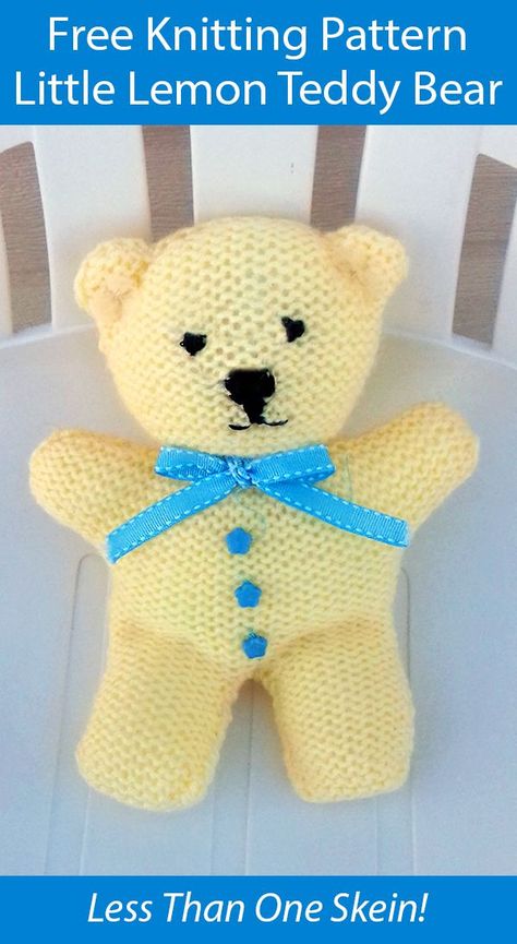 This adorable pattern creates a sweet little lemon-colored teddy bear, standing 20cm tall. 

You'll need Stylecraft Special Double Knitting Yarn in shade 1020 Lemon, 4mm knitting needles, ½ metre of ribbon, 3 small buttons, some leftover yarn for embroidery, and polyester filling.  

This pattern uses easy techniques like casting on and off, stocking stitch, shaping, increasing and decreasing, and finishing. 

This hand knit pattern is designed for beginners, with clear instructions to guide you through the process. 

Remember to prioritize safety when knitting for babies.  

Feel free to contact me if you have any questions about the pattern. I'm always happy to help! 




.#FreeCrochetPatterns #SewingToys #KnittingPatterns #SewingDolls #FreeSewingPatterns Knitted Toys Free Patterns Teddy Bears, Easy Knitted Teddy Bear Pattern Free, Knitted Teddy Bear Pattern Free, Knitted Baby Toys, Knitting Toys Easy, Knitting Bear, Teddy Bear Patterns Free, Knitted Dolls Free, Teddy Bear Knitting Pattern