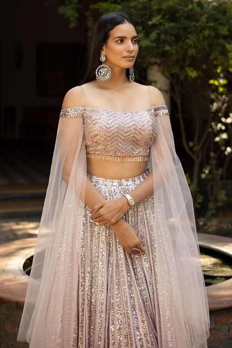 Sequence Lehenga Blouse Designs, Net Sequence Lehenga, Dresses With Attached Dupatta, Attached Dupatta Lehenga, Attached Dupatta Dress, Dupatta Attached To Blouse, Sequence Lehenga Designs, Baby Pink Lehenga Party Wear, Glam Lehenga