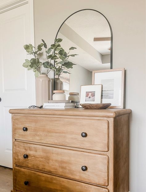 Styling Chest Of Drawers, Studio Mcgee Bedroom Dresser, Hallway Into Bedroom, Large Mirror On Dresser, Arched Mirror Bedroom Dresser, Above Tall Dresser Decor, Mirror And Bench Bedroom, Arch Mirror Bedroom Dresser, Chest Bedroom Decor