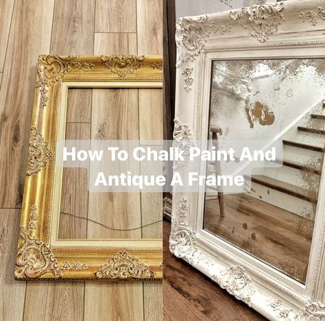 chalk paint / antiqued frame / DIY project / vintage mirror / old mirror DIY / painted frame / vintage / farmhouse / vintage porch Painting Old Frames, Antiquing Picture Frames Diy, Painting Old Picture Frames, Vintage Picture Frame Ideas, Chalk Paint Mirror Frame, Refurbished Doors, Refinish Mirror Frame, Vintage Frames Diy, Mirror Frame Painting Ideas