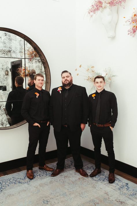 Groomsmen Vest Only Black, Officiant Attire Men, Khaki And Black Groomsmen Attire, Plus Size Wedding Suits Men, Fall Wedding Groomsmen Attire Black, Black Groomsmen Attire Casual, Black Groomsmen Attire No Jacket, Casual Groomsmen Attire Black, All Black Wedding Outfit Men