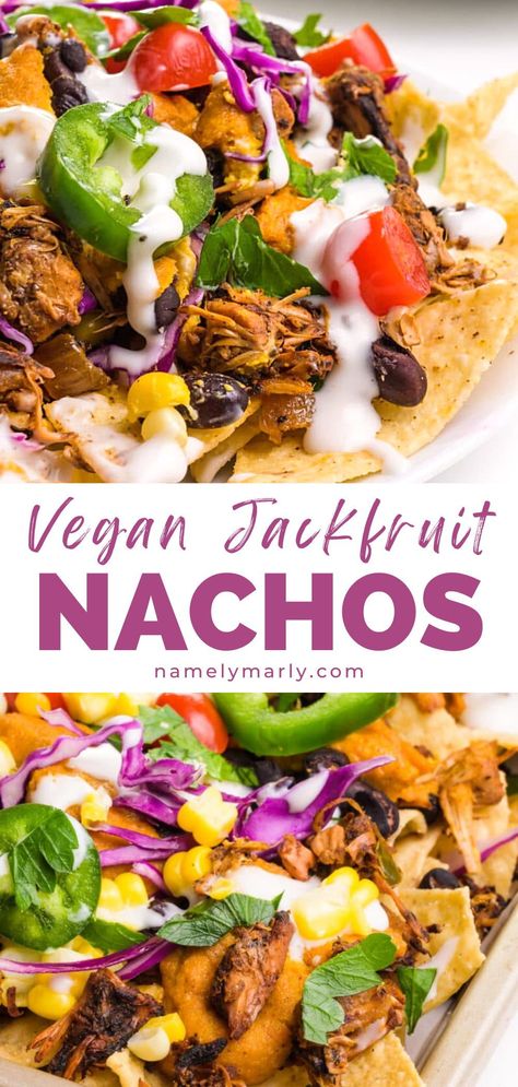 Make yourself these jackfruit nachos. You'll love these crispy nachos topped with spicy jackfruit carnitas, vegan nacho cheese, and even more of your favorite nacho toppings. It’s the perfect indulgence meal or snack!  #jackfruit #vegannachos #namelymarly Jackfruit Nachos, Nachos Vegan, Vegan Nacho Cheese, Jackfruit Carnitas, Vegan Taco Salad, Vegan Jackfruit, Nacho Toppings, Jackfruit Recipes, Vegan Beef