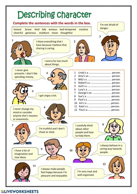 Personality Adjectives, Character Worksheets, Describing Characters, English Exercises, English Classroom, English Language Teaching, English Activities, English Tips, Esl Teaching