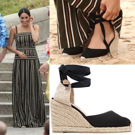 Castaner Carina Canvas Wedge Espadrilles-Meghan Markle - Dress Like A Duchess Black Espadrilles Outfit Wedges, Castaner Espadrilles Outfit, Black Espadrilles Outfit, Castaner Carina, Espadrilles Outfit, Meghan Markle Dress, Meghan Markle Outfits, Castaner Espadrilles, Duchess Meghan