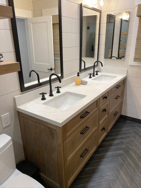 Black Fixtures Bathroom, Oak Vanity Bathroom, Black Pulls, Black Fixtures, Oak Vanity, Shiplap Walls, Vanity Cabinets, Custom Bathroom Vanity, Wood Bathroom Vanity