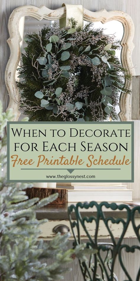 Remembering when to decorate your house for the different seasons & holidays is simple with this free printable seasonal decor schedule.  The perfect home decorating calendar for fall, spring, summer, winter, autumn, Christmas, Halloween, 4th of July, Valentine’s Day & more.  Includes ideas for rotating and changing out decorations for transition months like January & February as well. #seasonaldecor, #schedule, #calendar, #holidaydecor, #freeprintable January Decor, Holiday Planner, Printable Calendar Template, Printable Christmas Cards, Kids Calendar, Different Seasons, Summer Home Decor, Winter Home Decor, Seasonal Home Decor