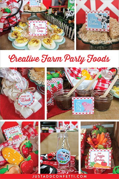 Farm Theme Party Snacks, Farmyard Party Food Ideas, Farm Tablescape, Farm Party Crafts, Farm Yard Party Ideas, Farm Animal Themed 2nd Birthday Party, Farmyard Party Food, Farm Party Treats Food Ideas, Farm Birthday Party Snacks