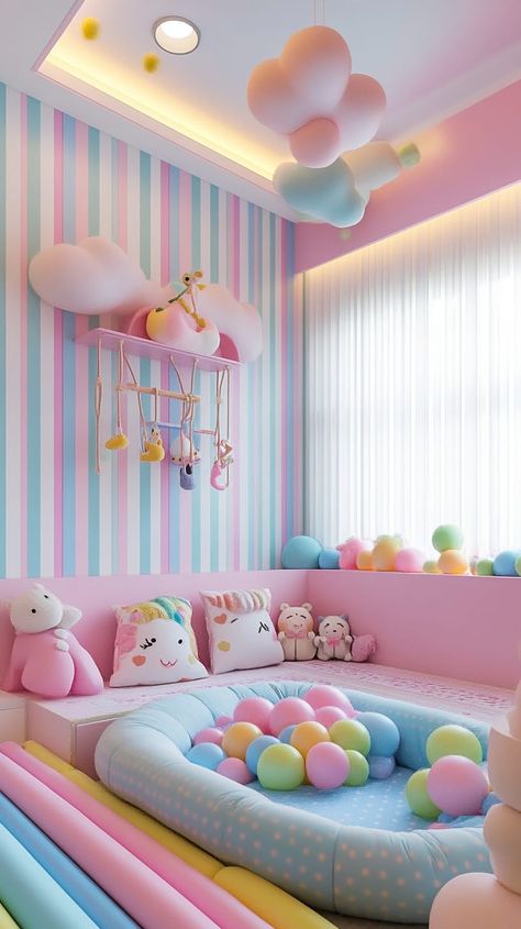 Colorful girls' bedroom with pastel striped walls, kawaii pillows, cloud light, climbing frame, and playful ball pit. Candy Themed Room, Pastel Library, Cute Core Room, Cute Wall Painting, Blue Striped Walls, Bedroom For Girls, Candy Themed Bedroom, Kawaii House, Whimsical Home Decor