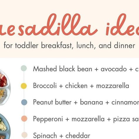 Jansu • Toddler Meals & Snacks on Instagram: "10 toddler quesadilla ideas 💡 to make your breakfast, lunch, and dinner planning a little easier 🎉 I gravitate to quesadillas so often because the prep is minimal AND there’s opportunity to pack them with flavor and nutrients 👏🏼 I like to use the @tinysproutsfoods superseed boosters in all quesadillas to add some nutrients as well (see page 3 for the superseed boosters I like to use). For the warm quesadillas, I toast a little butter in a pan, fi Breakfast Quasidilla Recipes, Toddler Quesadilla, Different Kinds Of Quesadillas, Quesadilla For 12 Month Old, Quesadilla Ideas, Budget Bytes Quesadilla, Toddler Wont Eat, Breakfast Quesadilla, Dinner Planning