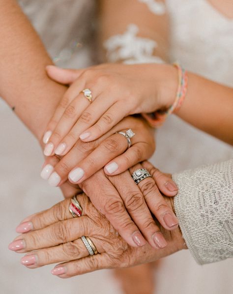 stacked wedding bands. gold wedding rings.  grandma, mom, daughter, and granddaughter. generation wedding photos. stacked hands wedding. Stacked Wedding Bands, Event Center, Gold Wedding Rings, Photography Poses, Wedding Bands, Wedding Photos, Wedding Photography, Wedding Rings, Photography