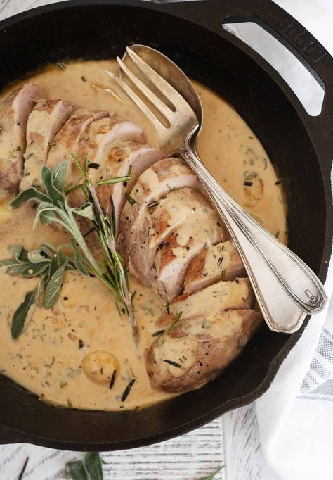 Pork Tenderloin with Creamy Herb and Garlic Sauce Pork Tenderloin With Cream Sauce, French Pork Tenderloin Recipes, Pork Loin Tenderloin Recipes, Pork Tenderloin Gravy Recipe, Garlic Herb Pork Tenderloin, Pork Loin Sauce, Sauce For Pork Tenderloin, Pork Fillet Recipes, Pork Roasts