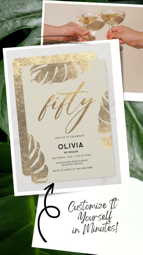 Modern Tropical Gold Elegant Foliage 50th Birthday Invitation for Women 50th Birthday Invitations For Women, 30th Birthday Ideas For Women, Thirty Birthday, Gold Glam, 30th Birthday Invitations, 50th Birthday Invitations, 40th Birthday Invitations, Denim And Diamonds, Birthday Supplies