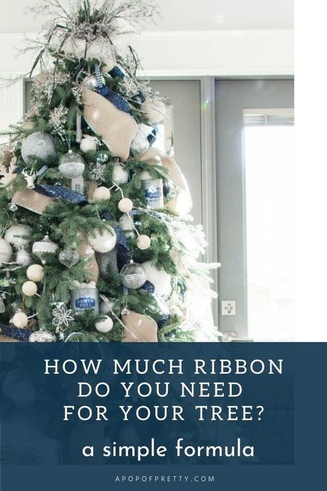 Wondering how much ribbon to buy for your Christmas tree? This popular tutorial on how to put ribbon on your Christmas tree gives you a simple formula to use to to calculate how many rolls you need to buy. It also provides steps by step instructions for decorating your tree with ribbon for beautiful, cascading results that look full and natural. Christmas Diy Tree Decor, Coastal Lake House, Ribbon On A Christmas Tree, Diy Garden Decoration, Tree With Ribbon, Christmas Tree Easy, Christmas Tutorial, Christmas Tree Decorations Ribbon, Ribbon Tree