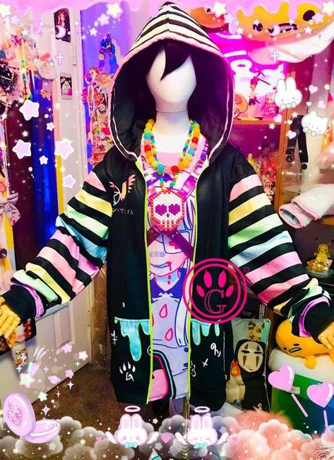 Rainbow Goth Aesthetic, Scene Hoodie, Magical Outfits, Rainbow Goth, Pastel Goth Hoodie, Goth Kawaii, Kawaii Hoodie, Snk Cosplay, Scene Outfits