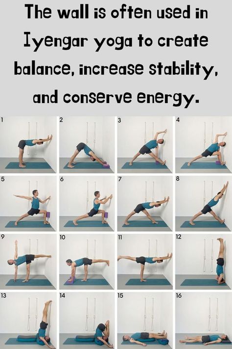 The wall is often used in Iyengar yoga to create balance, increase stability, and conserve energy. Iyengar Yoga Poses, Yoga Balance Poses, Yoga Shoulder, Yoga Sequence For Beginners, Wall Yoga, Therapeutic Yoga, Middle Back Pain, Conserve Energy, Yoga For Seniors