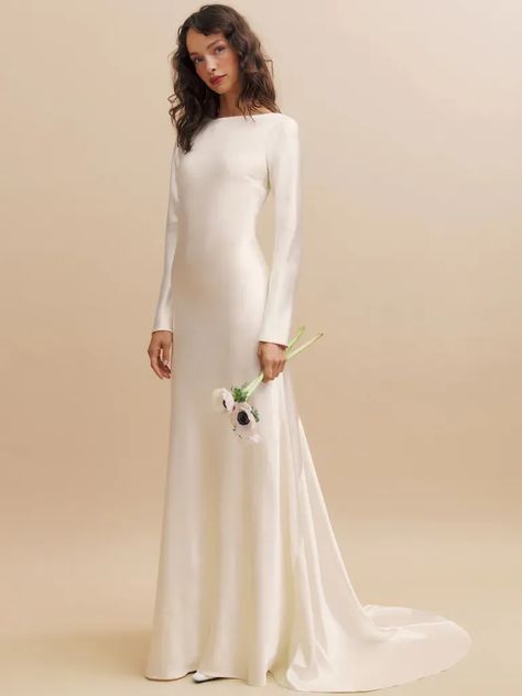 affordable Minimal silk long sleeve backless bridal gown Wedding Dress White Long Sleeve, Long Sleeve Minimal Wedding Dress, Long Sleeve No Lace Wedding Dress, Wedding Dress Long Sleeve Satin, Fitted Sleeve Wedding Dress, Minimal Modest Wedding Dress, Wedding Dresses Satin Long Sleeve, Silk White Dress Wedding, White Silk Long Sleeve Dress