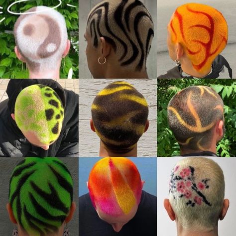 Buzzed Hair Dye Designs Men, Shaved Head Color Design, Dyed Hair Patterns, Dyed Hair Designs, Buzzed Hair Designs, Buzzcut Hair Dye, Shaved Dyed Hair, Shaved Head Dye, Buzz Cut Hair Dye Designs