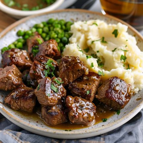 Dinner Ideas Red Meat, Beef Stew Steak Recipes, New Food To Try, Garlic Butter Steak Bites And Mash, Garlic Butter Steak Bites And Cheesy Mashed Potatoes, Petite Steak Recipes, Birthday Dinners Ideas, Steak Chunks Recipes, Sirloin Strip Steak Recipes