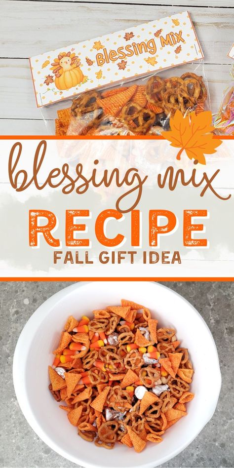 Blessing mix recipe for Thanksgiving or Friendsgiving favors Friendsgiving Treat Bags, Thanksgiving Favors For Guests Cricut, Fall Snacks For The Office, Thanksgiving Mix For Kids, November Treats For Staff, Party Mix For Thanksgiving, Blessings Mix Recipe, Thanksgiving Goody Bags For Adults, Thanksgiving Candy Ideas