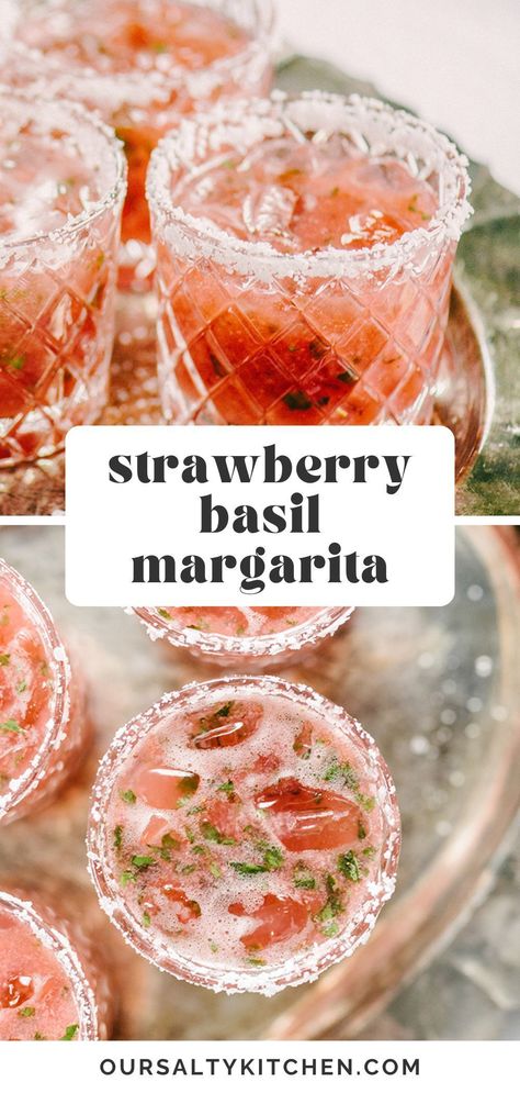 Tired of the straight-up margarita? This strawberry basil margarita is a fun twist on the classic. It's a sweet, tart and refreshing summer cocktail, perfect for celebrating. Whip up a batch of these sugar free strawberry margaritas for your next happy hour, picnic or party. #summercocktail #summermargarita #bestmargarita #freshstrawberries #springcocktail Watermelon Basil Margarita, Summer Solstice Party Food, Summer Margarita Recipes, Batch Margarita Recipe, Batch Margaritas, Margarita Recipes On The Rocks, Strawberry Basil Cocktail, Fresh Margarita Recipe, Basil Margarita