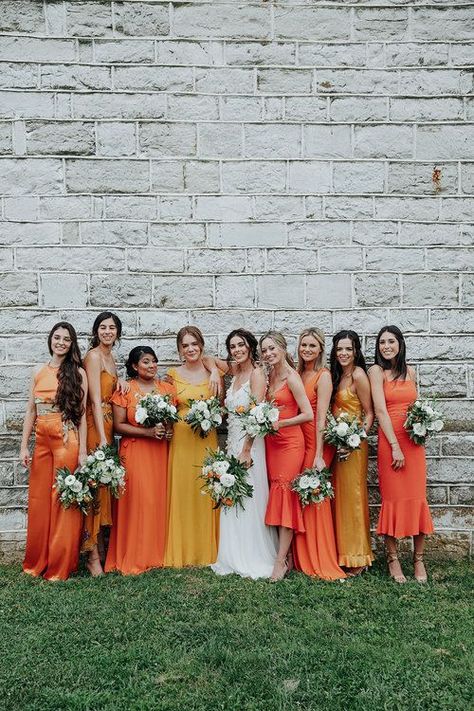 unique wedding dresses Tangerine Wedding, Slip Wedding Dress, Funky Wedding, Orange Bridesmaid, Citrus Wedding, Yellow Bridesmaid Dresses, Sunset Wedding, Bridesmaid Dress Colors, Orange Wedding