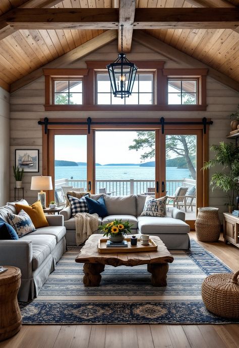 Rustic Living Room Coastal Cabin Living Room, Lake View Homes, Lakehouse Interiors, Lake House Living Room Ideas, Small Lake Cottage Interiors, Small Lake Cottage, Weathered Wood Furniture, Lakehouse Living Room, Rustic Living Room Ideas