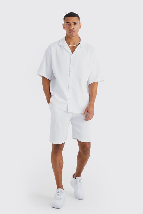 Men Outfits For Birthday, All White Guys Outfit, Guy Vacation Outfits Summer, Beach Wedding Fits For Men, Shirt And Shorts Outfit For Men, White Men Streetwear, Patterned Mens Shirt, Men In Shorts Summer Outfits, All White Man Outfit