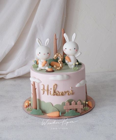 Wonderpiper Cake Studio on Instagram: “Bunniesss 🐰💖🐰 . . . #rabbiththemecake #customcakejakarta #cakeart #figurinecake #cakejakarta #birthdaycake #kidscake #fondantart…” Rabbit Bday Theme, Rabbit Themed Birthday Cake, Bunny Fondant Cake, Simple Bunny Cake, Cake Bunny Birthday, Bunny Cakes Birthday Kids, Rabbit Cake Ideas, Cute Fondant Cakes, Cake With Rabbit