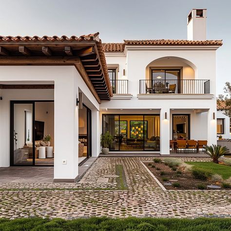 Toscana House Style, Modern Spanish House Exterior, Mediteran House, Toscana House, Spanish Mediterranean Homes, Pantry Door Ideas, Tuscany House, Sky Window, Hacienda Style Homes