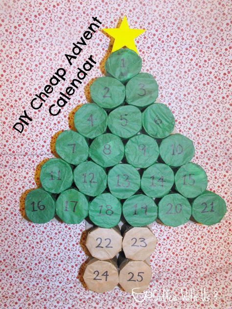 DIY Cheap Advent Calendar- made from toilet paper rolls and tissue paper! @Coffee With Us 3 #advent #Christmas Advent Calendar For Toddlers, Homemade Advent Calendars, Advent Calendar Ideas, Advent Calendar Activities, Christmas Tree Advent Calendar, Christmas Advent Calendar Diy, Printable Advent Calendar, Advent Christmas, Toilet Paper Rolls