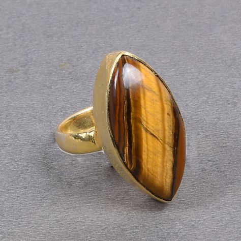 18K Gold Plated Ring, Tiger Eye Ring, Handmade Ring, Marquise Shape Ring, Cabochon Ring, Alternative Ring, Bezel Set Ring, Valentines Gift Alternative Ring, Tiger Eye Ring, Tigers Eye Gem, Ring Marquise, Bezel Set Ring, Ring Bezel, Tigers Eye Gemstone, Cabochon Ring, Set Ring