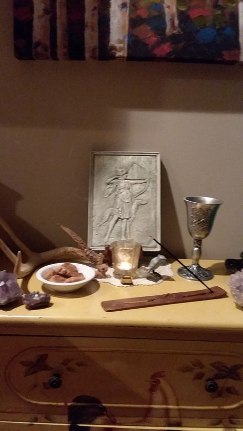 My altar for Roman Goddess  Diana for Diana's Day Aug 13th. Offerings of cakes, wine & incense Jupiter Altar, Diana Altar, Demeter Altar, Artemis Altar, Forest Fairy Aesthetic, Mystical Decor, Goddess Diana, Altar Space, Altar Ideas