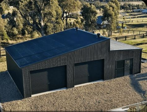 Farm Sheds Buildings, Black Metal Barn, Steel Garage Buildings, Contemporary Sheds, Metal Garage Buildings, Bbq Shed, Work Shop Building, Prefab Garages, Metal Building Designs