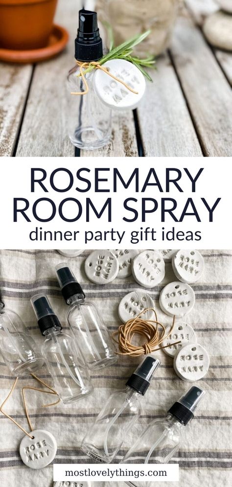 When hosting dinner parties, it's nice to have small party favors for your guests to take home. Put these little bottles of homemade Rosemary Room Sprays in a basket by the door for each guest to take with them. Room sprays are made with essential oils and make a nice little parting gift. Rosemary Room Spray Diy, Rosemary Crafts Ideas, Things To Make With Rosemary, Rosemary Gift Ideas, Rosemary Crafts, Essential Oil Party Favors, Rosemary Gifts Diy, What To Do With Rosemary, Herb Gifts Ideas