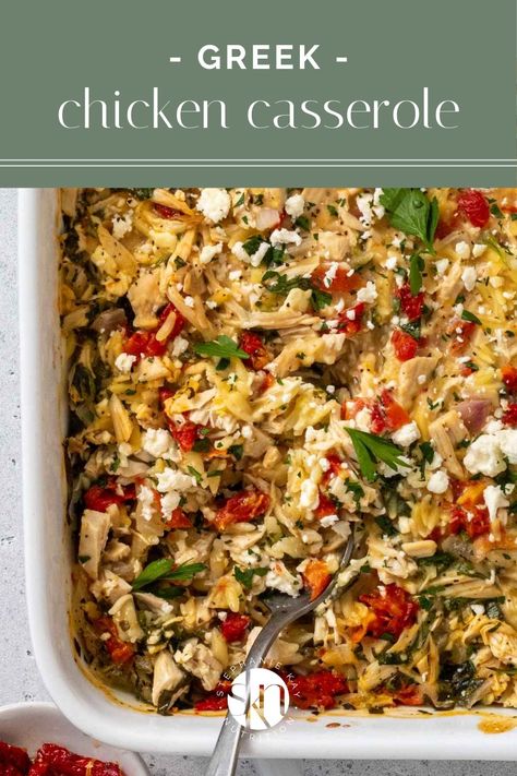 Filled with orzo, shredded chicken, and feta cheese, this one-pan Greek chicken casserole is an easy, healthy, and high-protein dinner idea. Recipes With Feta Cheese Easy Dinners, Shredded Chicken Recipes Healthy, Greek Chicken Casserole, Healthy Shredded Chicken Recipes, Chicken And Feta, Kay Nutrition, Spinach Artichoke Chicken, Greek Dinners, High Protein Dinner