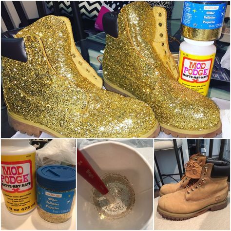 Diy Glitter Boots, Camping Organization Storage, Glitter Shoes Diy, Diy Glitter Shoes, Mod Podge Glitter, Camping Gear Diy, Bedazzled Shoes, Shoe Makeover, Diy Sneakers