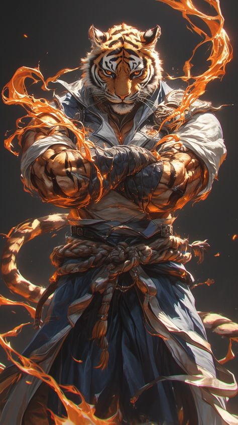 Tiger Martial Arts, Animal Warrior Art, Man Beast Hybrid, Animal Warriors Character Design, Tiger Hybrid Human, Rabbit Warrior, Fantasy Tiger, Tiger Warrior, Anime Tiger