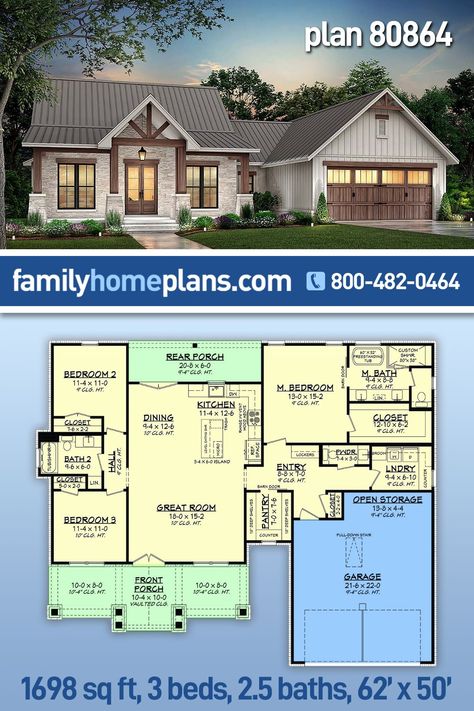 Floor Plan With Pantry, House Plan 80864, 3 Bedroom 2 And A Half Bath House Plans, Home With Guest House Floor Plans, House Plans Under 1700 Sq Ft, Open Concept House Plans Farmhouse, Small House Plans With Lots Of Storage, Simplistic House Design, Ranch 3 Bedroom Open Floor Plan