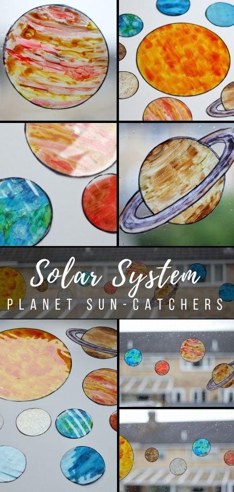 Solar System Sun-Catchers Craft - find out how to make transparent sun-catchers like each of the 8 planets in the solar system. This #space craft is great for children and adults and creates a beautiful piece of art to decorate a window when finished #spaceart #craftsforkids #crafting #solarsystem #suncatchers #planets Solar System Eyfs Activities, Planet Sun Catchers, Planets Mobile Solar System, Planets Eyfs Activities, Easy Sun Catchers, Sun Art Project, Space Eyfs, Solar System Craft, Vbs Space