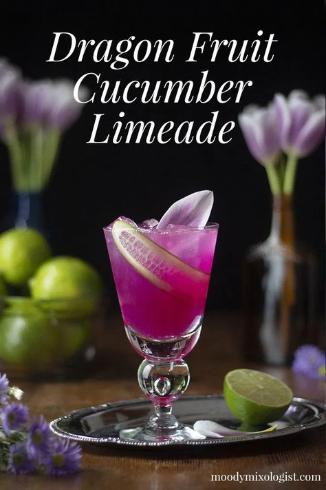 Dragon Fruit Cucumber Limeade - Moody Mixologist Dragon Themed Drinks, Dragonfruit Cocktail Recipe, Dragon Fruit Drinks, Witchy Cocktails, Dragonfruit Cocktail, Dnd Drinks, Wedding Mocktails, Dragon Fruit Cocktail, Cucumber Limeade