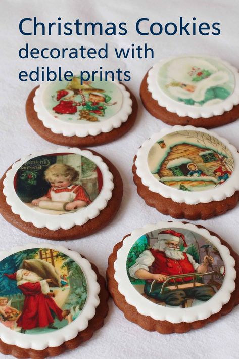 Christmas Cookies With Fondant, Edible Printing Cookies, Xmas Biscuits Decorating Ideas, Edible Images On Cookies, Edible Image Cookies, Christmas Fondant Cookies, Edible Paper Cookies, Top Christmas Cookies, Best Edibles