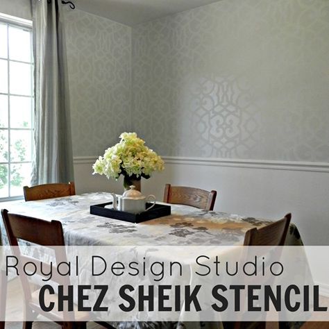 Dining Room Transformation with Royal Design Studio's Chez Sheik Stencil - Mad in Crafts Shelving In Living Room, Stencil Accent Wall, Dining Room Chair Rail, Accent Wall Dining, Accent Wall Dining Room, Dining Room Transformation, Stenciled Walls, Chair Rails, Wall Dining Room