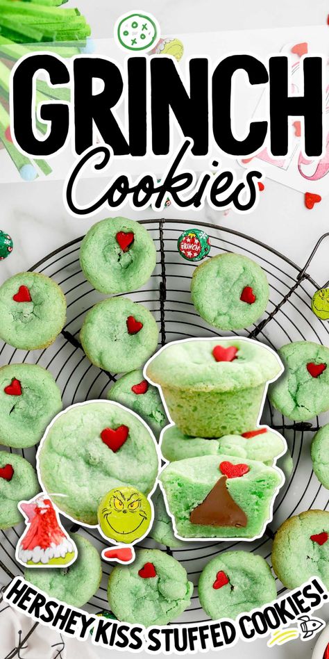 Festive chewy green cookies with a Hershey’s kiss hidden inside and a grinchy heart on top make these Grinch cookies a charming addition to your holiday cookie platter. Hershey Kiss Cookies, Grinch Cookies, Christmas Baking Recipes, Kiss Cookies, Chewy Sugar Cookies, Holiday Snacks, Holiday Cookie Recipes, Xmas Cookies, Christmas Snacks