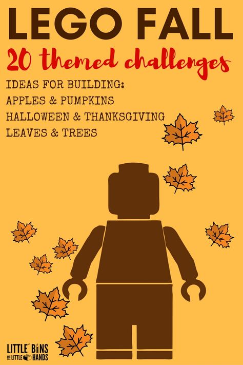 When the air gets crisp, the leaves change color, and we head indoors make sure to save these Fall LEGO Building Ideas for the kids. LEGO is awesome and provides not only hours of neat creative and imaginative play bit also numerous opportunities for learning. Fall Lego Ideas, Thanksgiving Lego Challenge, Fall Lego Challenges For Kids, Lego Thanksgiving, Lego Pumpkin Instructions, Fall Stem Activities, Lego Halloween, Lego Education, Lego Challenge