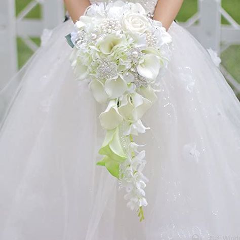 Amazon.com: IFFO Bridal Bouquets for Wedding, Calla Lilies Simulation Rose Diamonds Pearl Bride Wedding Bouquet, Romantic Wedding Party Decoration Confession (White) : Home & Kitchen Bridal Bouquet Green, Bride Bouquets White, Artificial Bridal Bouquets, Cascading Bridal Bouquets, Silk Bridal Bouquet, Waterfall Wedding, Cascading Wedding Bouquets, Crystal Bouquet, Bridal Brooch Bouquet