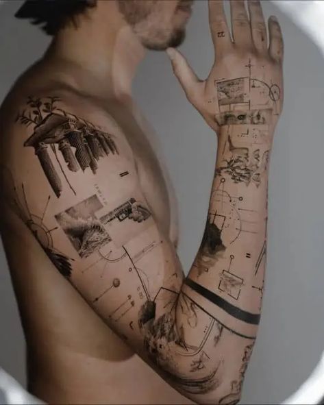 50 Patchwork Tattoos to Make You Start a Sleeve - Body Artifact Minimalistic Tattoo Sleeve, Minimalist Tattoo Sleeve Men, Patchwork Tattoos Ideas, Abstract Tattoo Men, Micro Realism, Patchwork Tattoos, Lower Leg Tattoos, Geometric Sleeve Tattoo, Torso Tattoos