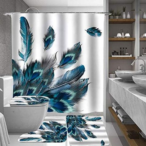 Fashion_Man 16PCS/Set Floral Shower Curtain Fabric Polyester Waterproof Bath Curtain Non-Slip Bathroom Rugs Bath Mat Set Toilet Lid Cover Flower Bathroom Decor + 12 Hooks, 72"x72", Peacock Feather: Amazon.ca: Home & Kitchen Peacock Bathroom Decor, Peacock Bathroom, Peacock Shower Curtain, Bathroom Revamp, Shower Curtain Sizes, Waterproof Bathroom, House Products, Bathroom Shower Curtain, Floral Shower Curtains