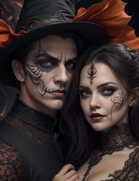 Halloween Backgrounds, portrait good looking handsome love couple Witches Couple Costume, Witch And Warlock Costumes Couple, Witch Couple, Warlock Costume, Half Face Makeup, Sagittarius Wallpaper, Looking Handsome, Halloween Parejas, Portrait Shoot