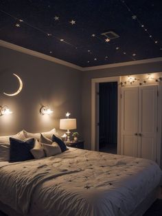 Planet Bedroom Aesthetic, Star String Lights Bedroom, Star Room Decor Bedroom Ideas, Star Themed Room Aesthetic, Celestial Themed Room, Constellation Bedroom, Celestial Bedroom Aesthetic, Room String Lights, Bedroom Revamp